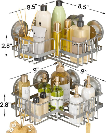 LEVERLOC Corner-adaptive Suction Cup Shower Caddies 2 Pack, Stainless Steel Rustproof Corner Shower Shelf, Large Capacity Removable Suction Cup Bathroom Organizer, Drill-Free Wall Mounted Basket, Gray