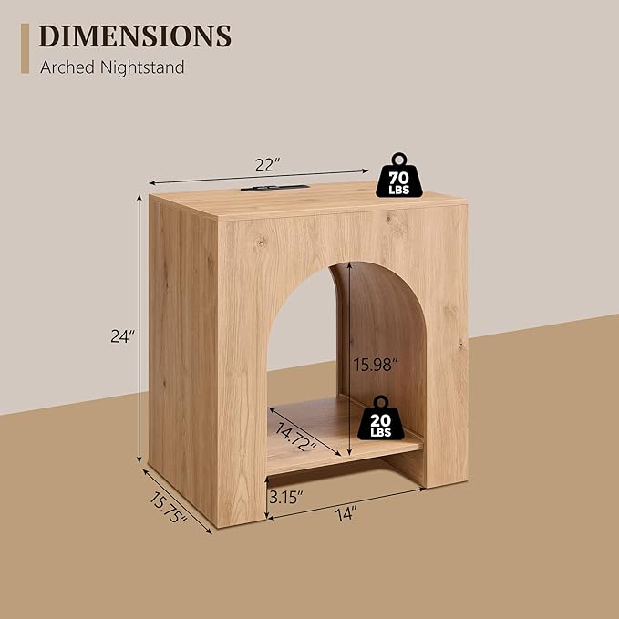Arched End Table Set of 2 with Type-C Charging Station, 22" Modern Bedroom NightStand with Arched Shelf, Side Table with Outlet, USB, Type-C Port for Bedroom, Natural