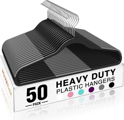 HOUSE DAY Heavy Duty Plastic Hangers 50 Pack, Non Slip Clothes Hangers with Rubber Grip and 360° Hook - Thin Plastic Hanger Space Saving - Coat Hanger Black, Closet Organizer for Shirt, Pants, Suit