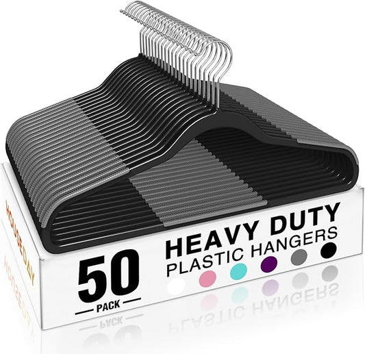 HOUSE DAY Heavy Duty Plastic Hangers 50 Pack, Non Slip Clothes Hangers with Rubber Grip and 360° Hook - Thin Plastic Hanger Space Saving - Coat Hanger Black, Closet Organizer for Shirt, Pants, Suit