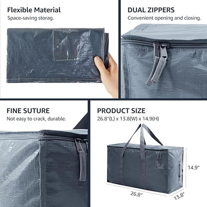 Moving Bags Heavy Duty Extra Large, Moving Boxes, Moving Supplies Essentials,Storage Bins with Lids, Plastic Packing Totes, Storage Bags for Clothes with Handles & Zippers(Grey, 12 Pack)