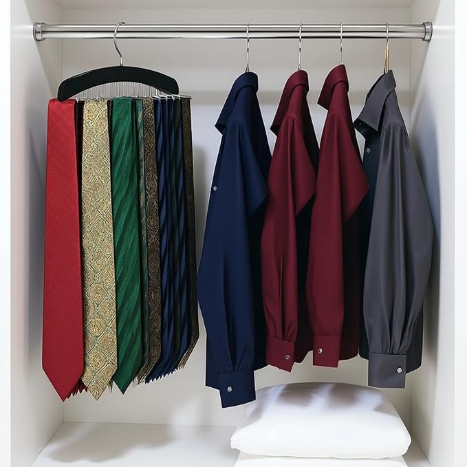 2 Pcs Solid Wood Tie and Belt Rack Hanger, 24 Hook Closet Organizer for Scarves and Accessories, 360 Degree Swivel, Space Saving Black Finish