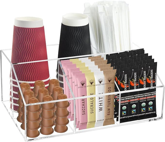Coffee Bar Station Organizer for Countertop, Acrylic Coffee Pods Sugar Packets Tea Bags Storage Basket for Countertop, Clear