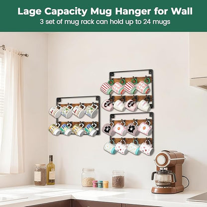 EsLuker.ly Mug Holder Hanger Rack Wall Mounted Wooden 3 Pack Coffee Cup Storage Organizer Display Shelf with 24 Movable Plastic Hooks, Ideal for Mug Collectors