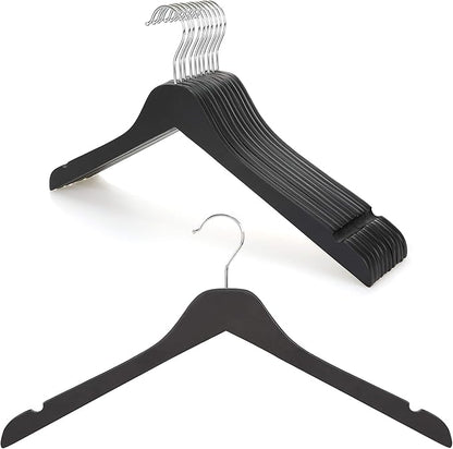 TOPIA HANGER Black Wooden Hangers, 0.28-inch Slim Wood Clothes Hanger with Flat Design and Smooth Notches, Lightweight Space Saving Hangers for Shirt, Coat, Camisole, 10 Pack-Matte Black, CT29B