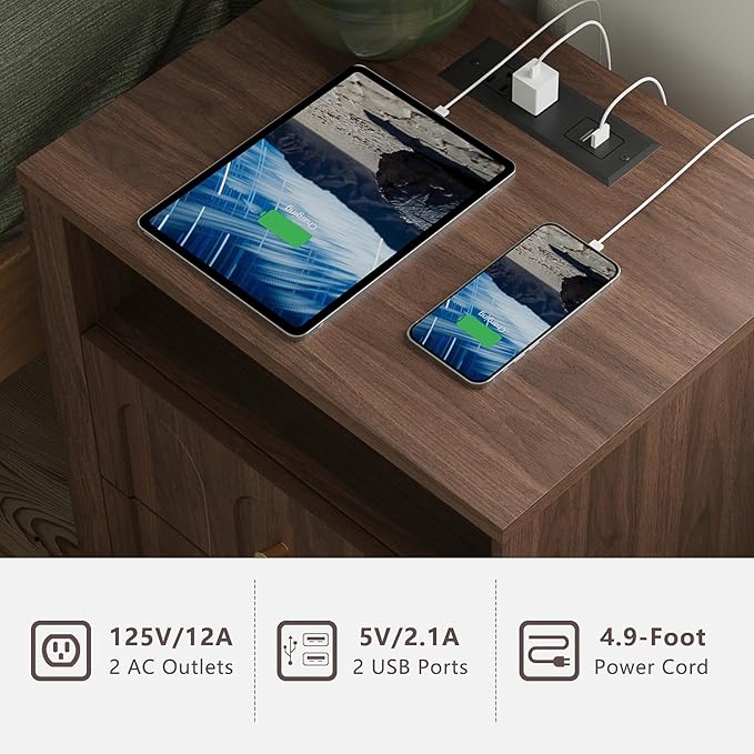 FORTUNETEC Nightstand with Charging Station, Mid Century Modern Nightstand with Arched Design, Minimalist End Table with Wood Grain Texture, Bedside Table for Bedroom Living Room Sofa Office, Walnut