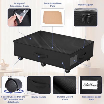 Babenest 4-Pack Under Bed Storage Organizer with Clear Zippered Lid, Foldable Rolling Underbed Drawers on 6 Wheels, Space Saving Clothes, Shoes, Toy Storage for Bedroom, Dorm, Closet