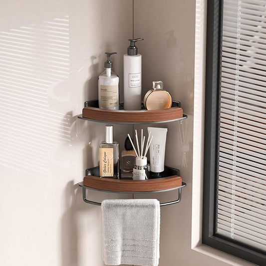 ZNYOPA 1 Pack Walnut Color Wall-Mounted Corner Caddy for Bathroom - No Drill Triangle Corner Storage Rack with Glue Accessories, Waterproof Vanity Organizer for Toiletries & Towels