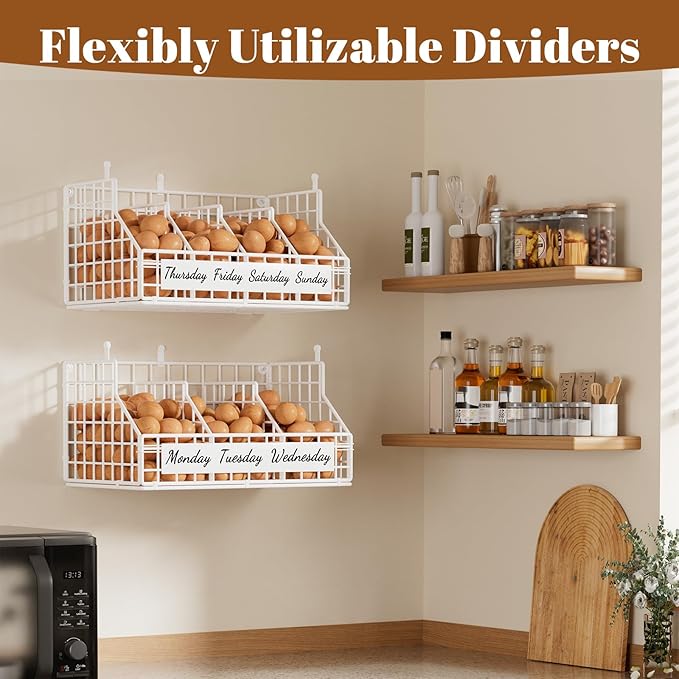 Egg Basket for Countertop, Egg Holder Countertop with 5 Dividers & Labels, 2 Tier Stackable Wire Storage Baskets to Keep Fresh Eggs Organized, Egg Organizer for Kitchen & Decorative Rack Home, White