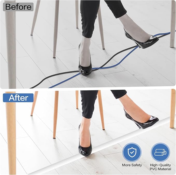 Floor Cord Cover Self Adhesive Cord Hider Floor Extension Cord Covers for Floor Power Cord Protector Cable Management Prevent Cable Trips Cable Cavity 0.32" W x 0.32" H (White, 20Ft)
