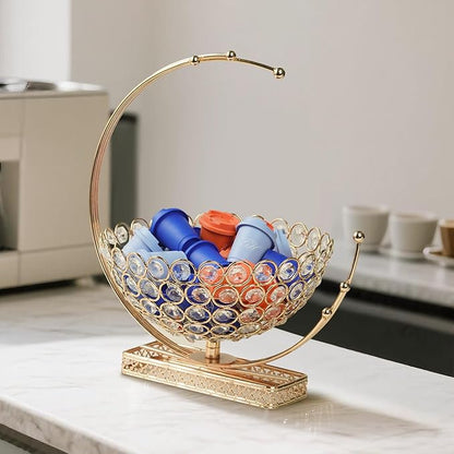 Metal & Crystal Coffee Pod Holder & Candy Basket - Elegant Multipurpose Storage Organizer for K Cups, Espresso Pods, Treats - Kitchen, Office, Home Bar (Gold, 1 PC)