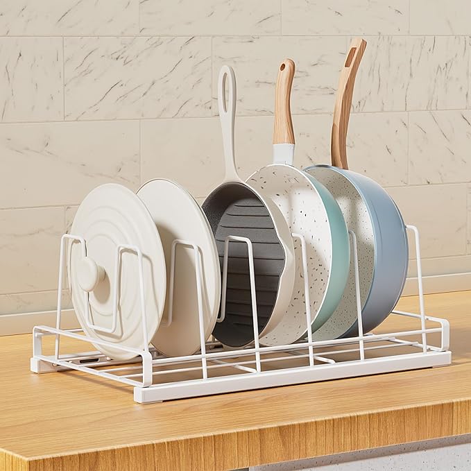 ZDDLOINP Food Container Lid Organizer for Cabinet,with 6 Adjustable Dividers Detachable,Metal Pot Lid Organizer Rack Storage Plastic Lids Pots Bakeware for Cabinets, Cupboards,Pantry, Drawers (White)