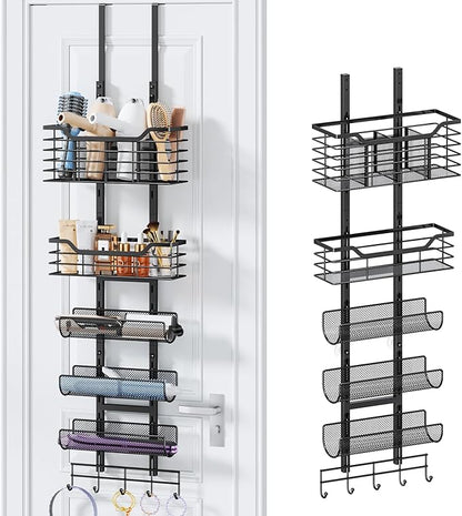 Consumest 6-Tier Hair Tool Organizer - Hair Dryer Holder Over The Door/Wall Mounted DIY Adjustable Shelf Bathroom Door Organizer with Hook for Curling Iron/Blow Dryer/Straightener Black