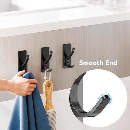 Josmimic Self Adhesive Towel Hooks: Extra Strong 13LB, Stainless Hook for Hanging Loofah, Towels, Coat, Bath Robe Bathroom Shower, Black, 4 Pack
