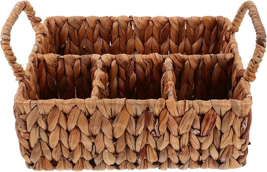 Woven Storage Basket Organizer Hyacinth Cutlery Holder with Compartments Stylish Dining Table Decor Multifunctional Snack Serving and Utensil Storage