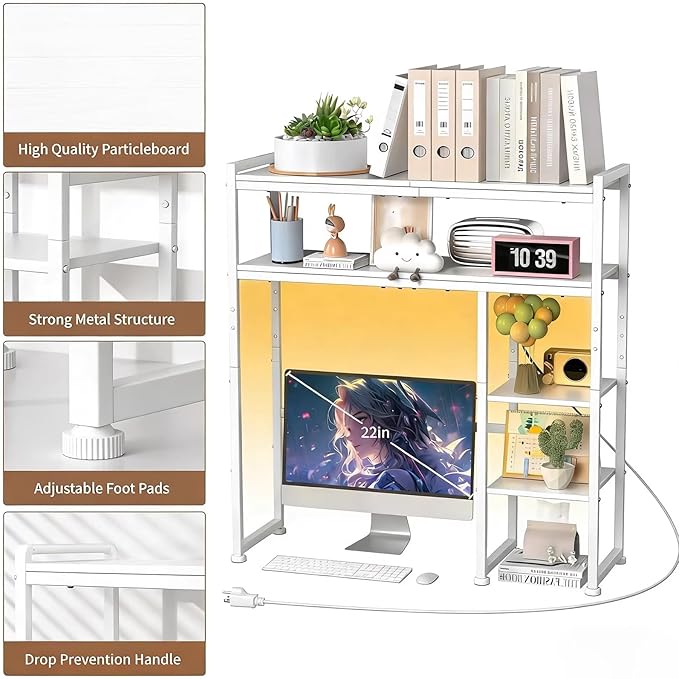 Aetheris Desktop Organizer Shelf, 30" Wooden Office Storage Rack with Outlets, Display Shelf Rack with Light Strip, 5 Tier Desktop Display Rac, Desk Shelf, Desk Hutch for Computer Monitor (White)