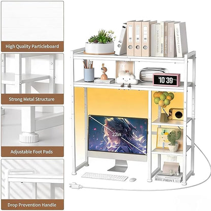 Aetheris Desktop Organizer Shelf, 30" Wooden Office Storage Rack with Outlets, Display Shelf Rack with Light Strip, 5 Tier Desktop Display Rac, Desk Shelf, Desk Hutch for Computer Monitor (White)