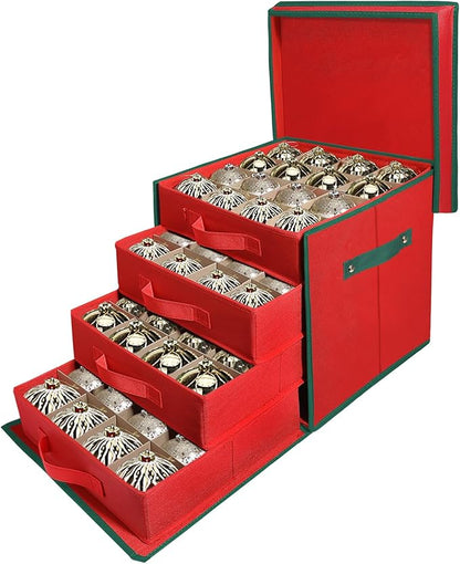 WDZREE Premium Large Christmas Ornament Storage,Box with Side Open, Drawer Style Trays - 3" Compartment, 4 Trays, Keeps 64 Holiday Ornaments -Made of Durable 600D Oxford Fabric Tear-Proof Material