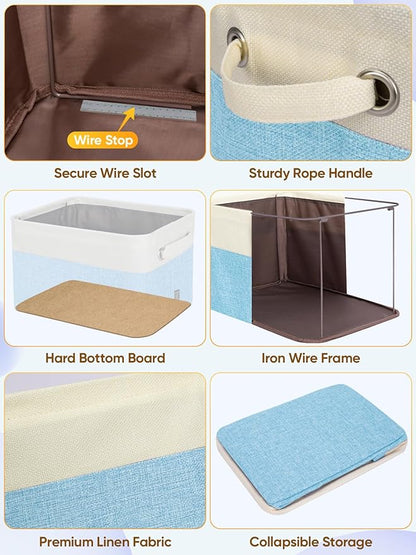BALEINE 3 Pack Fabric Storage Bins for Shelves, Linen Storage Baskets for Organizing, Decorative Closet Bins for Clothes, Home (Skyblue, 17''x13''x10.5'')