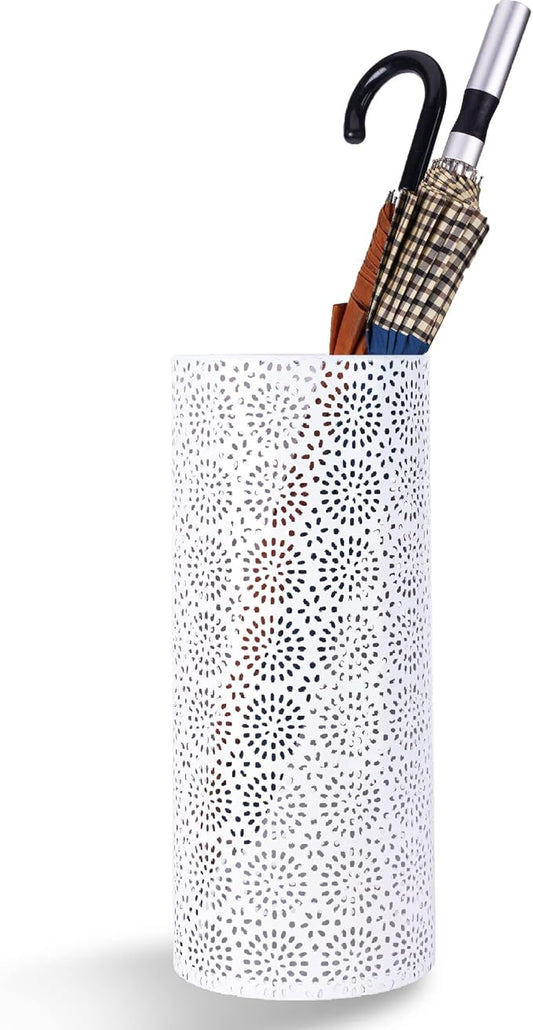 Umbrella Stand Rack for Entryway, Free Standing Metal Umbrella Holder, Round Umbrella Organizer Bin with 3 Hooks for Long Short Umbrella, Walk Stick, Home Office Indoor, 17 x 7 Inch, White