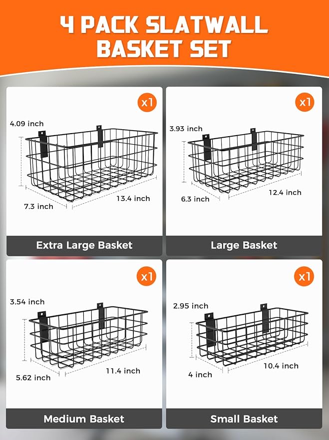 AZUNO 4 Pack Slatwall Baskets Set, Heavy Duty Metal Slat Wall Accessories Wire Baskets, Hanging Storage Organizer for Garage, Shop, Retail Display, Fits Standard Slatwall Panels
