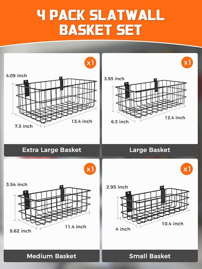 AZUNO 4 Pack Slatwall Baskets Set, Heavy Duty Metal Slat Wall Accessories Wire Baskets, Hanging Storage Organizer for Garage, Shop, Retail Display, Fits Standard Slatwall Panels