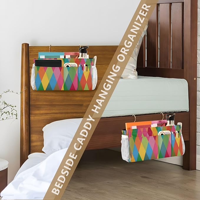 CuwrYet Bedside Caddy Hanging Bunk Bed Caddy Bed Organizer Hanging Pocket with 2 Hooks Bedside Storage Organizer Pocket Bag Holder Pink Green Argyle