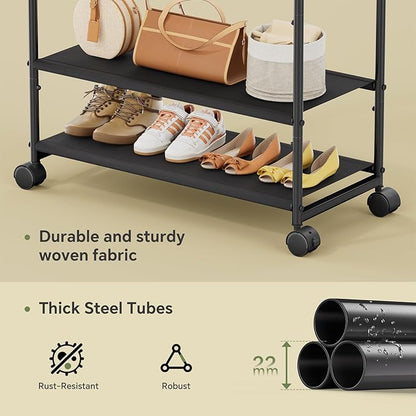 Simple Trending Heavy Duty Clothes Rack, Rolling Clothing Rack for Hanging with 2 Fabric Shelves, Portable Garment Rack Load 400 LBS, Black