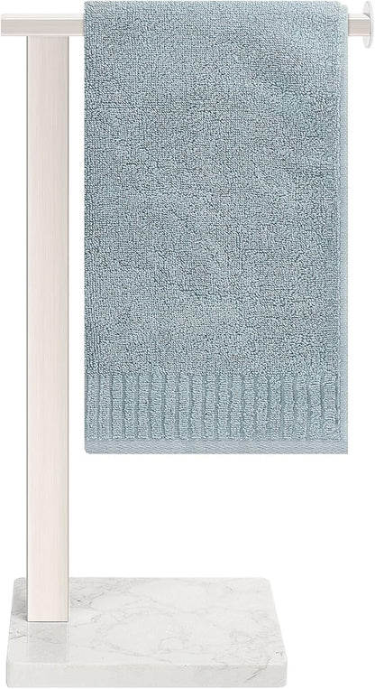 HarJue Hand Towel Holder Stand, 14.5" Hand Towel Rack with Weighted Marble Base, 304 Stainless Steel L-Shape Standing Towel Bar for Vanity Bathroom Kitchen Countertop (Brushed Nickel)