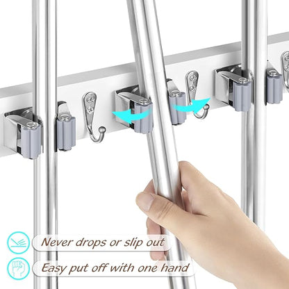 Mop and Broom Holder Wall Mount - White Broom Mop Hanger - Wall Mounted Garden Tool Rack Organizer for Closet Garage Laundry Room Kitchen Decor With 5 Slots & 4 Hooks