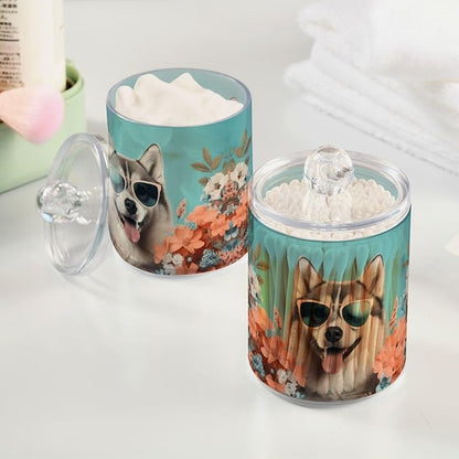 MNSRUU 4 Pack Qtip Holder Organizer Dispenser Cute Dog Siberian Husky Pink Bathroom Storage Canister Cotton Ball Holder Bathroom Containers for Cotton Swabs/Pads/Floss