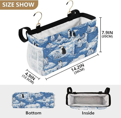CuwrYet Bedside Caddy Hanging Bunk Bed Caddy Bed Organizer Hanging Pocket with 2 Hooks Bedside Storage Organizer Pocket Bag Holder Blue Penguins Ice Floes Snow Water