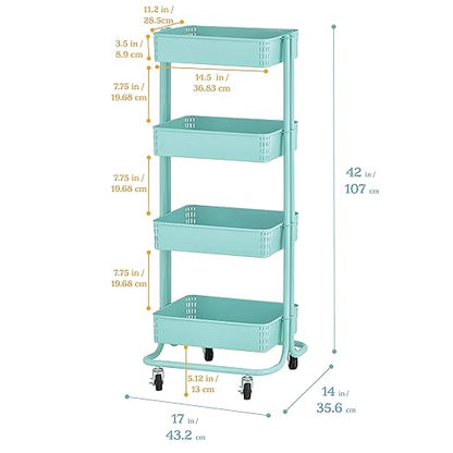 ECR4Kids 4-Tier Metal Rolling Utility Cart, Multipurpose Storage, Teal