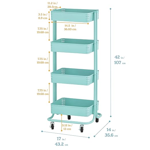 ECR4Kids 4-Tier Metal Rolling Utility Cart, Multipurpose Storage, Teal