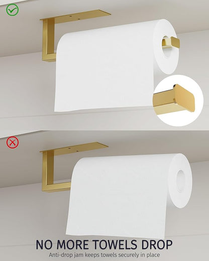 Paper Towel Holder, SUS304 Stainless Steel Under Cabinet Paper Towel Bar, Self Adhesive or Wall Mount, Paper Towel Roll Rack for Kitchen and Bathroom (Brushed Gold)