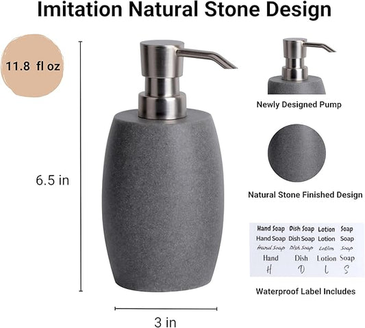 Clasin Home Sandstone Textured Resin Soap Dispenser with Metallic Pump and Waterproof Bottle Labels for Bathroom Kitchen Dish Hand Wash Shower Lotion Shampoo, 12 Oz, Gray