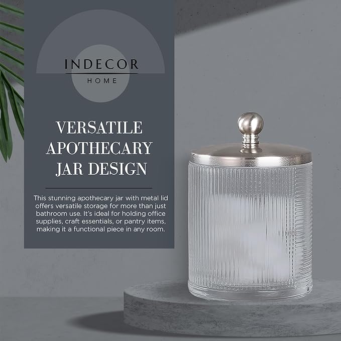 Indecor Home Clear Transparent Apothecary Ribbed Geometric Etched Glass Jar W/Satin Nickel Metal Lid for Bathroom Organization, Cotton Balls, Q Tips, and Small Accessories, Bathroom Storage