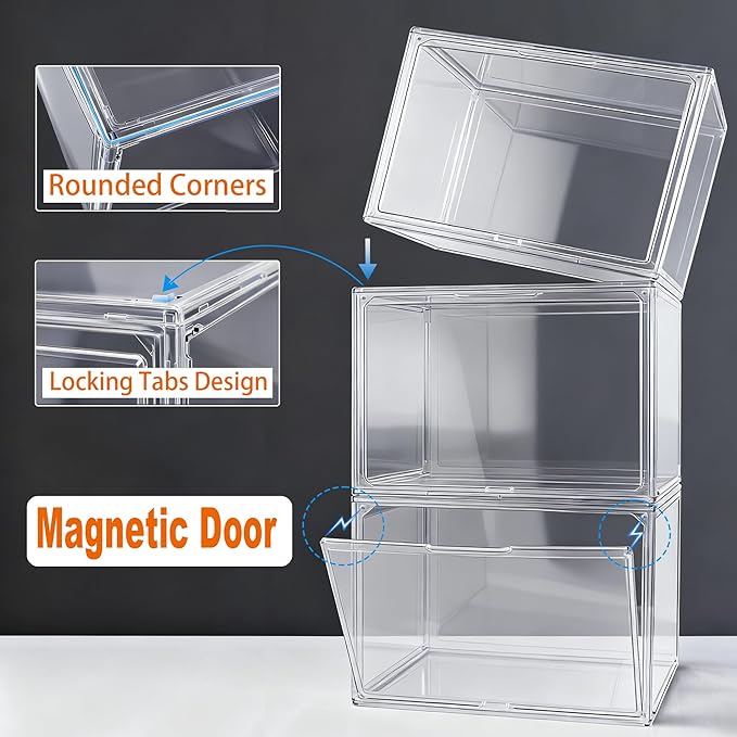 Extra XXX-Large Acrylic Display Case 17.3''x13''x13'' Super Large Figures Collectibles Helmet Showcase Tall Boot Shoe Boxes Clear Stackable Huge Storage Box with Magnetic Lid, 1 Pack with 2 Shoe Bags
