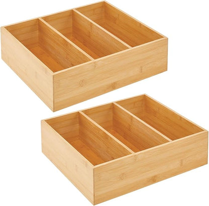 mDesign Bamboo Pantry Organizer Bin Box, 3 Sections - Wooden Stackable Basket Crates for Food, Produce, Vegetable Storage - Use on Shelves or in Closet, 2 Pack, Natural/Tan
