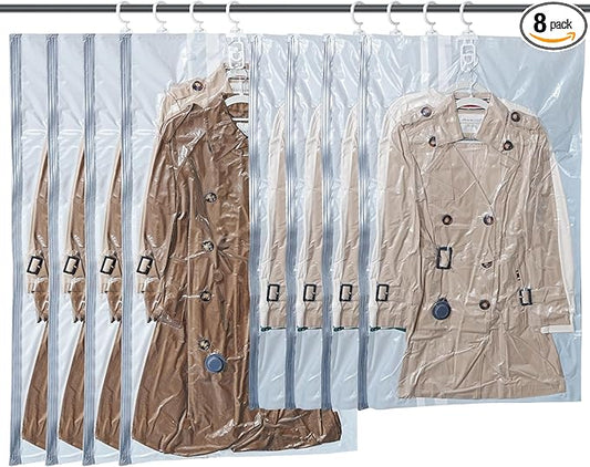 Hanging Vacuum Storage Bags 8 Pack Hanging Vacuum Seal Bags for Clothing Coat Storage Suit Bags, Hanging Plastic Clothes Cover for Coat Dress Fur Shirt Vacbird