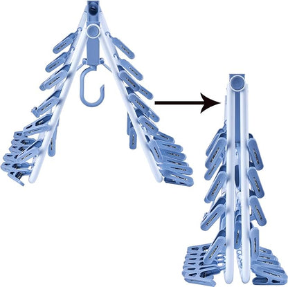 Foldable Clip Hangers Blue with 32Pcs Drying Clips Wind-Proof Hook for Underwear Socks Bras Lingerie Clothes