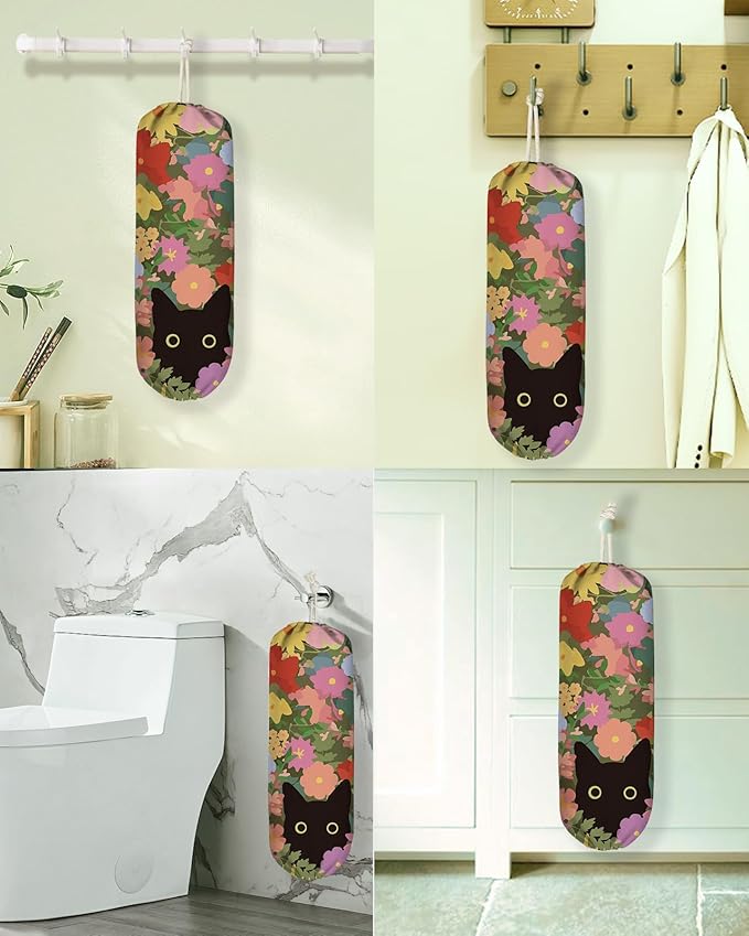 Plastic Bag Holder Organizer - 1 Pack Reusable Canvas Grocery Bags Holder Hanging Wall Cute Aesthetic Shopping Bag Storage Dispenser with Drawstring Closure for Kitchen Home, Cat In Flower