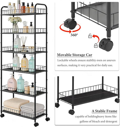 6-Tier Slim Storage Cart with Wheels,10in Wide Black Narrow Rolling Shelf,Sturdy Slim Storage Ideal for Kitchen, Bathroom, and Laundry Room