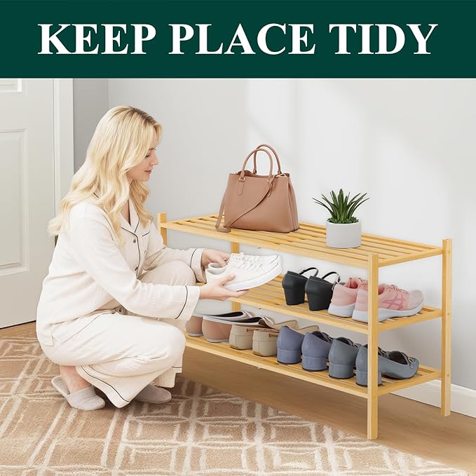 Smiry Long Bamboo Shoe Rack 3-Tier, Stackable Wooden Shoe Organizer for Entryway & Closet, Free Standing Wood Shoe Storage Shelf for Front Door & Small Spaces, Natural