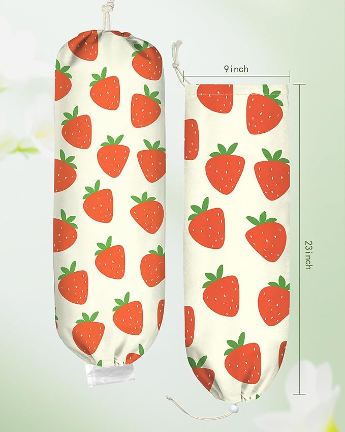 Plastic Bag Holder, Grocery Bag Organizer - 1 Pack Cute Kitchen Dispenser Holders Reusable Shopping Western Hanging Wall with Adjustment Drawstring Closure for Women Home, Strawberry