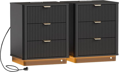 BONITURE Fluted Night Stand Set of 2, Curved Nightstands with Charging Station Lighting, Wood End Table with 3 Drawers, Modern Side Table Storage Cabinet for Bedroom Office,(2, Black)