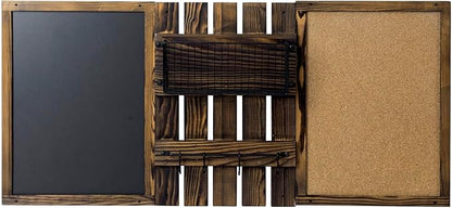 MyGift 3 Panel Wall Mounted Entryway Bulletin Board Combo Set with Rustic Burnt Solid Wood Frame with a Chalkboard, Cork Board, Black Metal Mail Basket, and Hanging Rail