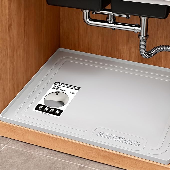 Aisslro Under Sink Mat 22" X 19", Waterproof Silicone Under Sink Mats for Kitchen, Anti-Leak Shelf Liner & Cabinet Protector with Raised Edge, [BPA Free] Bathroom Tray Home Organizer, Light Gray
