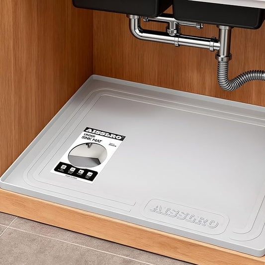 Aisslro Under Sink Mat 22" X 19", Waterproof Silicone Under Sink Mats for Kitchen, Anti-Leak Shelf Liner & Cabinet Protector with Raised Edge, [BPA Free] Bathroom Tray Home Organizer, Light Gray