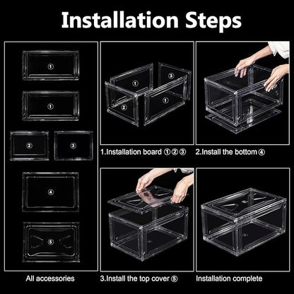 12 Pack Acrylic Shoe Boxes, Ultra Clear Shoe Boxes Stackable, Shoe Storage Box Sneaker Storage for Sneakerhead, Foldable Shoe Organizer with Magnetic Door, Professional Shoe Display Fits US Size 15